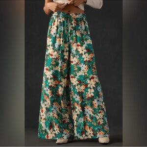 Anthropologie Plenty by Tracy Reese Green Cream Floral Wide-Leg Pants Boho XS